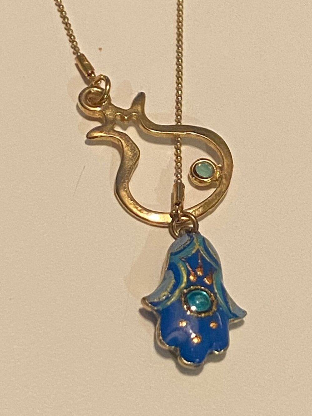 Blue Enamel Hamsa Hand Pendant Necklace - Gold Tone Ball Chain - Judaica